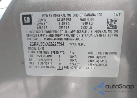 2012 GMC Terrain Sle-2 from USA, damaged, VIN 2GKALSEK4C6223594